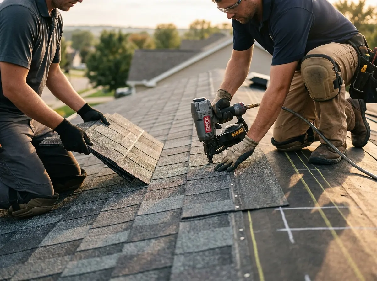 Professional roofer working on a residential roof in Nantucket